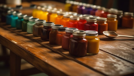 Healthy meal arrangement on wooden table indoors generated by artificial intelligenceの素材
