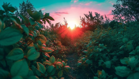 Sunset over forest, tranquil scene of beauty generated by artificial intelligenceの素材