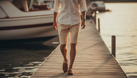 Caucasian adults walking on boardwalk enjoying sunset generated by artificial intelligenceの素材