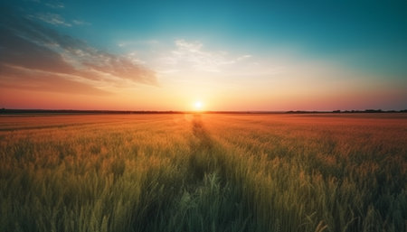 Golden wheat and barley fields at sunrise generated by artificial intelligenceの素材