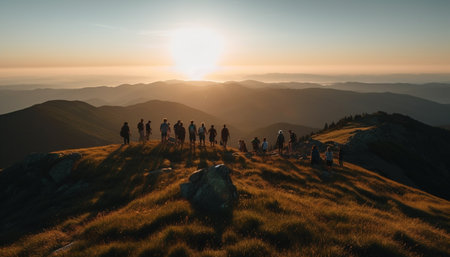 Group of people hiking mountain peak at dawn generated by artificial intelligenceの素材