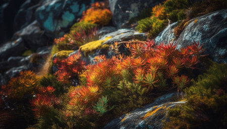 Vibrant autumn colors adorn tranquil forest landscape generated by artificial intelligenceの素材