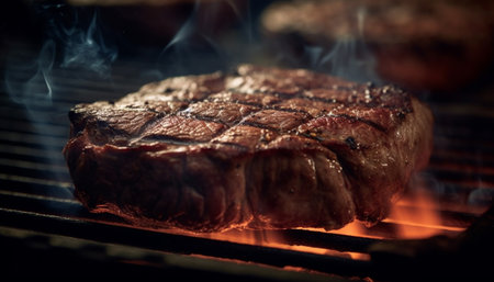 Grilled steak on plate, juicy and tender generated by artificial intelligenceの素材