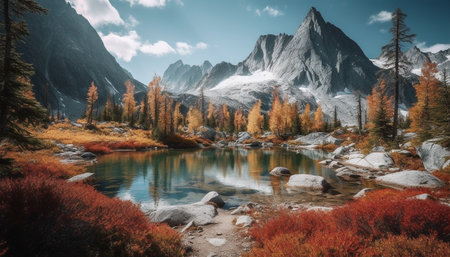 Majestic mountain range, tranquil scene, hiking adventure generated by artificial intelligenceの素材
