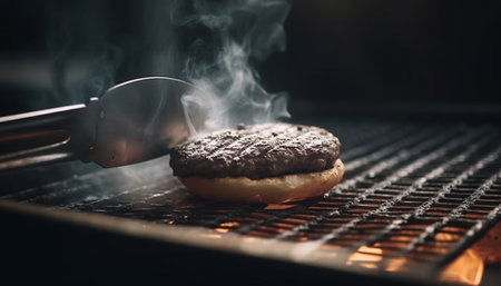 Grilled burger on metal plate, ready to eat generated by artificial intelligenceの素材