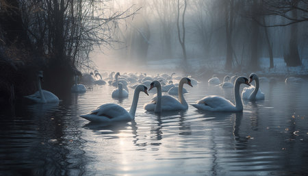 Swan elegance in nature tranquil scene generated by artificial intelligenceの素材