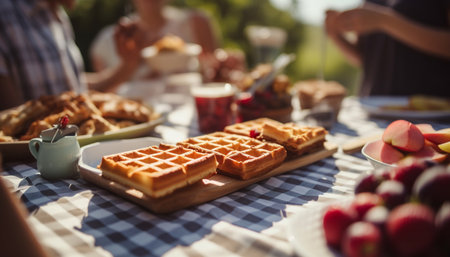 Group of people enjoying homemade picnic meal generated by artificial intelligenceの素材