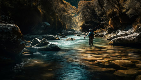 One person hiking mountain, exploring extreme terrain generated by artificial intelligenceの素材