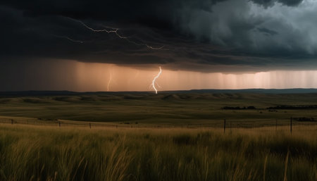 Electricity sparks in dramatic stormy rural landscape generated by artificial intelligenceの素材