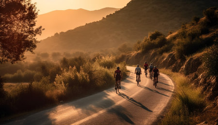 Men and women hiking mountain at sunrise generated by artificial intelligenceの素材
