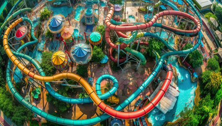 Spinning wheel of excitement at water park generated by artificial intelligenceの素材