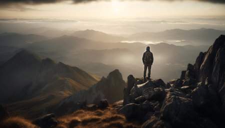 Standing on mountain peak, one person success generated by artificial intelligenceの素材