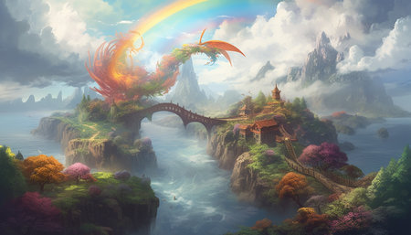 Majestic mountain forest, a surreal fantasy world generated by artificial intelligenceの素材