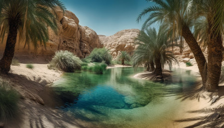 Majestic palm tree reflects in tranquil riverbed generated by artificial intelligenceの素材