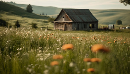 Green meadow, wildflowers, old farm, tranquil scene generated by artificial intelligenceの素材