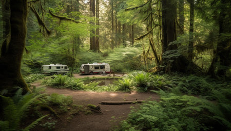 Green car speeds through forest on adventure generated by artificial intelligenceの素材