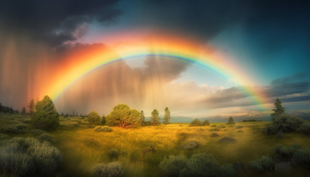 Vibrant rainbow colors paint majestic mountain landscape generated by artificial intelligenceの素材