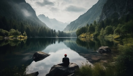 Men hiking mountain range, enjoying tranquil scenery generated by artificial intelligenceの素材