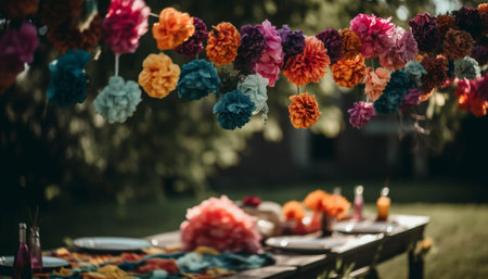 Fresh flower bouquet on elegant picnic table generated by artificial intelligenceの素材