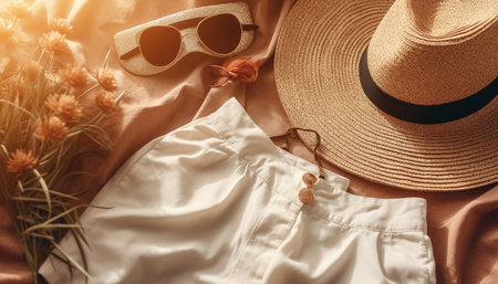 Sunglasses and straw hat, summer fashion elegance generated by artificial intelligenceの素材