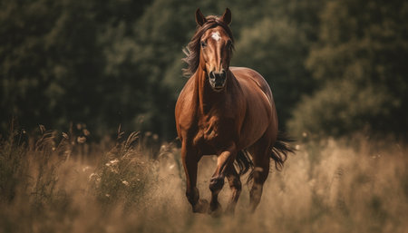 Thoroughbred stallion running free in green meadow generated by artificial intelligenceの素材