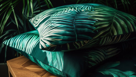Comfortable bedding in green nature indoors generated by artificial intelligenceの素材