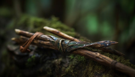 Fresh green leaves on old tree branch generated by artificial intelligenceの素材