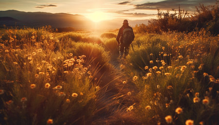 Silhouette of two men hiking mountain peak generated by artificial intelligenceの素材