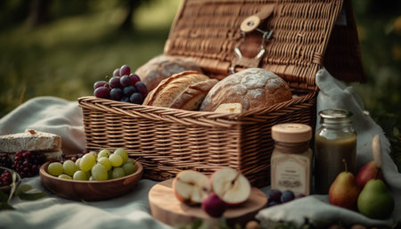 Fresh fruit basket, bread, and grape snack generated by artificial intelligenceの素材