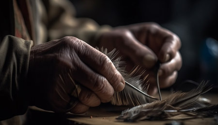 Craftsperson hand skillfully cuts leather for fashion generated by artificial intelligenceの素材