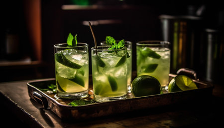 Mojito cocktail with lime, mint, and ice generated by artificial intelligenceの素材