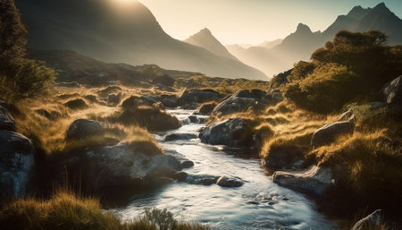 Majestic mountain range, tranquil scene, beauty in nature generated by artificial intelligenceの素材