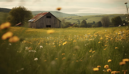 Green meadow, yellow flowers, tranquil rustic scene generated by artificial intelligenceの素材