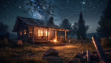 Spooky winter landscape illuminated by milky way generated by artificial intelligenceの素材
