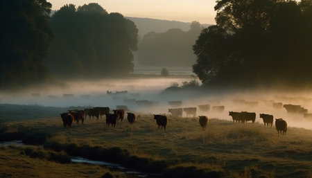 Silhouette of cattle grazing in tranquil meadow generated by artificial intelligenceの素材