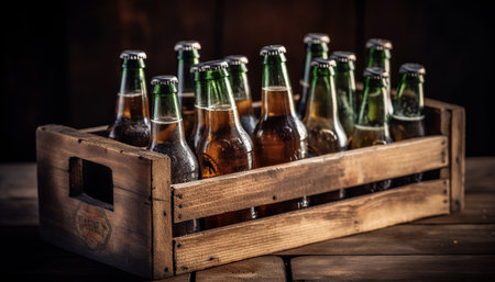 Foamy beer bottle on rustic wooden table generated by artificial intelligenceの素材