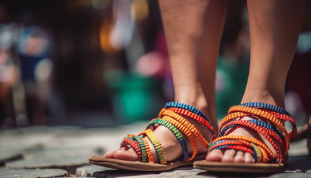 Multi colored sandals on young woman feet outdoors generated by artificial intelligenceの素材