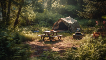 Summer adventure Camping in tranquil forest meadow generated by artificial intelligenceの素材