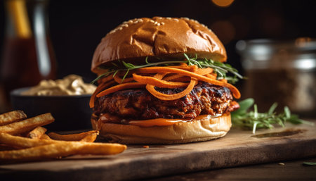 Grilled cheeseburger and fries, classic American meal generated by artificial intelligenceの素材