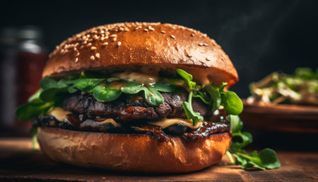 Grilled gourmet cheeseburger on rustic sesame bun generated by artificial intelligenceの素材