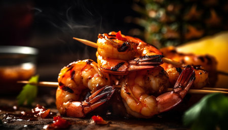 Grilled seafood plate, fresh prawns and scampi generated by artificial intelligenceの素材
