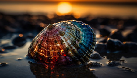 Sunset seashell reflects beauty in nature tranquility generated by artificial intelligenceの素材