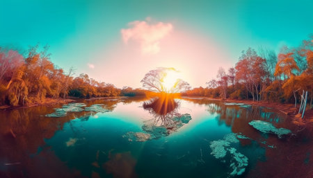 Tranquil scene of forest, pond, and sunset generated by artificial intelligenceの素材