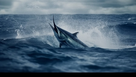 Majestic humpback breaches, spray in black and white generated by artificial intelligenceの素材