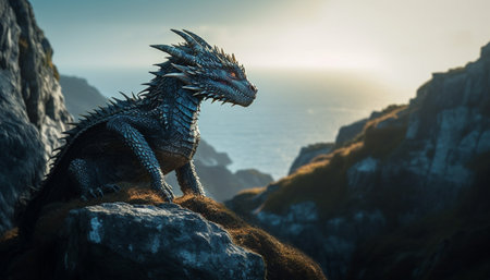 Majestic dragon claws cliff, danger lurks nearby generated by artificial intelligenceの素材