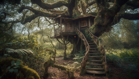 Ancient hut on cliff, surrounded by fog generated by artificial intelligenceの素材