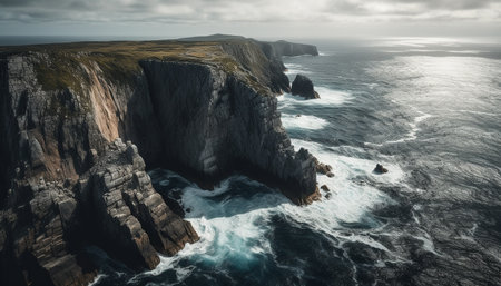 Majestic coastline, eroded rock, rough waters, natural beauty generated by artificial intelligenceの素材