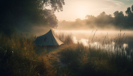 Tranquil meadow camping, foggy sunrise, peaceful solitude generated by artificial intelligenceの素材
