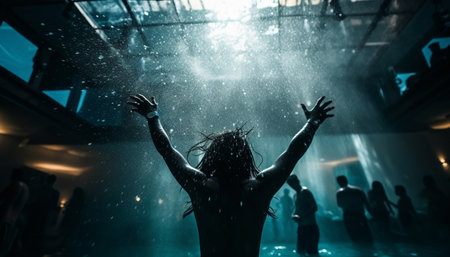 Silhouettes dancing in blue, backlit underwater stage generated by artificial intelligenceの素材