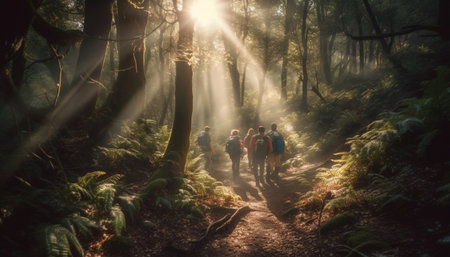 Group of people hiking through tropical rainforest generated by artificial intelligenceの素材